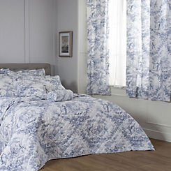 The Lyndon Company Toile Blue Pair of Pencil Pleat Lined Curtains
