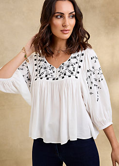 Together Cream Budapest Embroidered Bib Front Gypsy Top
