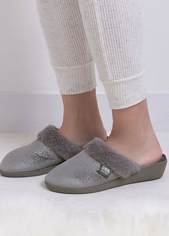 Totes Isotoner Ladies Grey Sparkle Velour Heeled Mule Slippers
