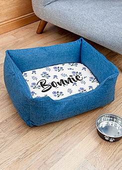 Treat Republic Personalised Blue Comfort Dog Bed with Blue Floral Design