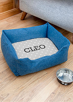 Treat Republic Personalised Blue Comfort Dog Bed with Grey Spots Design