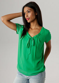 Vivance Pussy Bow Blouse Top with Chiffon Front