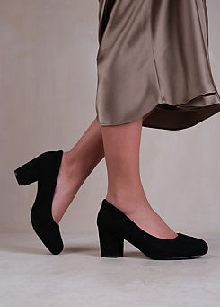 Where’s That From Melrose Black Suede Block Heel Court Shoes