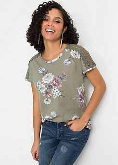 bonprix Lace Trim Floral Print T-Shirt