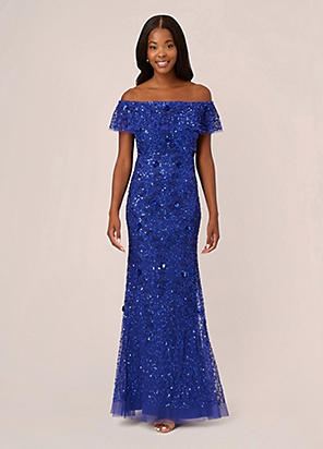 Adrianna Papell Off Shoulder Crunchy Bead Gown Grattan