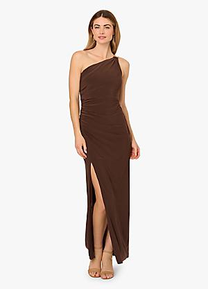【海外限定】AdriannaPapell ドレス☆Jersey Column Brown Gown Adrianna Papell Beaded Sequin Square Neck Sleeveless Side
