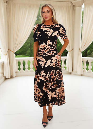 AX Paris Black Abstract Print Puff Sleeve Smock Midi Dress | Grattan