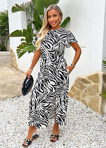 AX Paris Black And White Zebra Print Flutter Sleeve Midi Dress | Grattan
