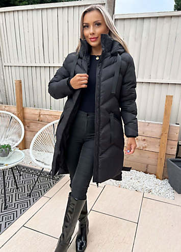 AX Paris Black Hooded Long Line Puffer Coat Grattan