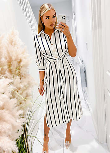 AX Paris Cream Navy Striped Button Up Three Quarter Sleeve Midi Dress Grattan