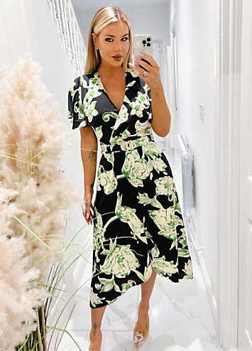 AX Paris Multi Green & Black Floral Printed Short Sleeve Belted Wrap Midi  Dress | Grattan