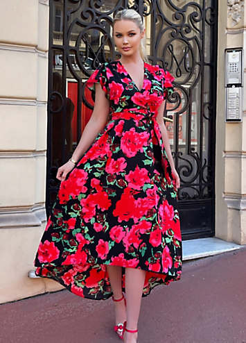 AX Paris Red Floral Print Short Sleeve Belted Wrap Midi Dress