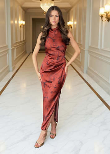 AX Paris Rust Abstract Print Halter Neck Midi Dress | Grattan