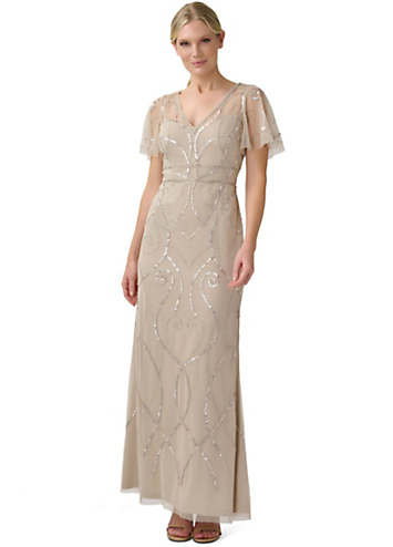 Adrianna papell beaded shop long dress biscotti