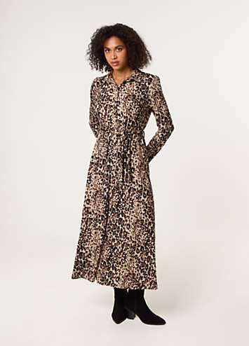 leopard print midi shirt dress leopard print midi dress with sleeves Bryony Brown Leopard Print Belted  Long Sleeve Midi Shirt Dress