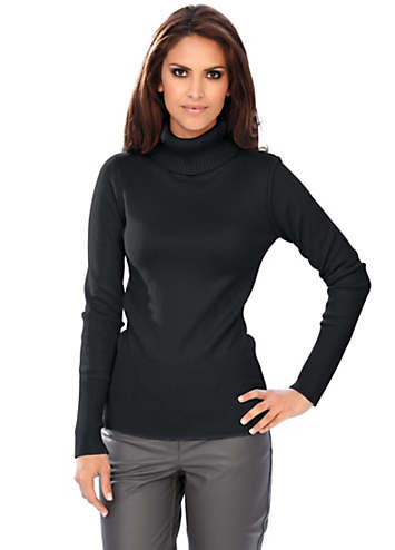 Cashmere Mix Roll Neck Jumper, Black