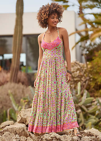 joe brown vintage dresses Browns Border Print V-Neck Strappy Maxi Dress Strapless One Shoulder Sequin Dress Lauren Sanchez Plays Grande Pay With:360 Qs (Silkroll Fee: $9.00)