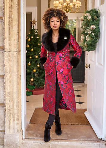 Joe Browns Floral Jacquard Faux Fur Trim Statement Coat | Grattan