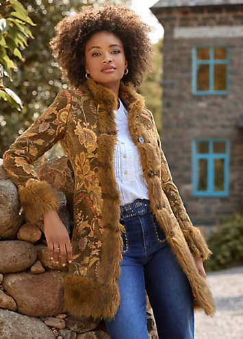 Joe Browns Gold Floral Jacquard Faux Fur Trim Boho Coat | Grattan
