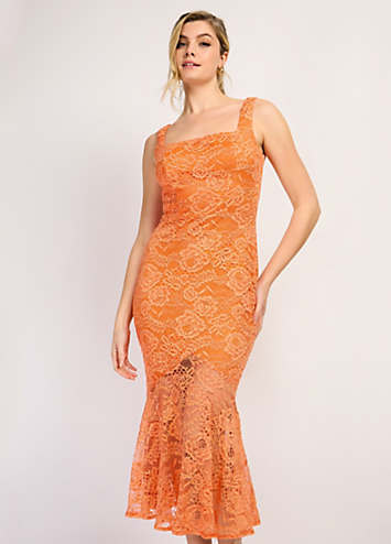 Little Mistress Iska Orange Lace Square Neck Fishtail Midaxi Dress | Grattan
