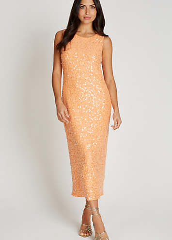strapless open back dress Eisley Halter Midi Dress - Orange Sequin