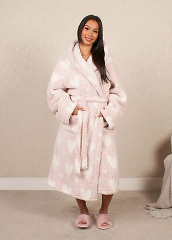 OHS Heart Dressing Gown - Soft Teddy Marl Fleece Hooded Robe | Grattan