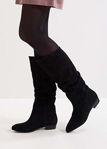 VEPOSE Women's Suede Slouch Knee High Boots - Flat Heel Comfort Boots In Black (Size 8)