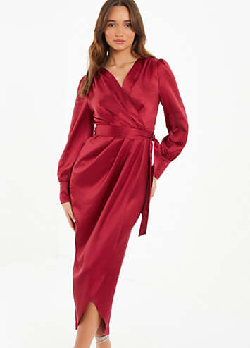 Quiz Berry Satin Long Sleeve Wrap Midi Dress Grattan