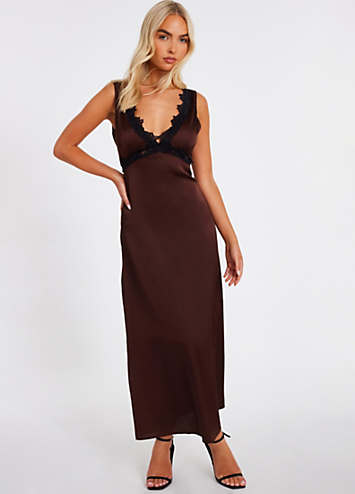 Quiz Brown Satin Lace Trim Midaxi Dress | Grattan