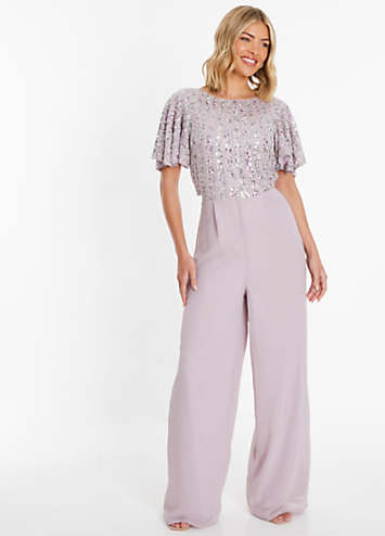 Quiz Lilac Chiffon Jumpsuit with Embellished Sequin Bodice Hanky Hem Sleeve Grattan