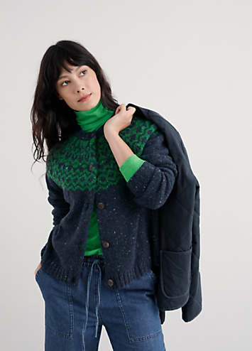 Seasalt Cornwall Navy Port Kinnis Fair Isle Cardigan with Merino