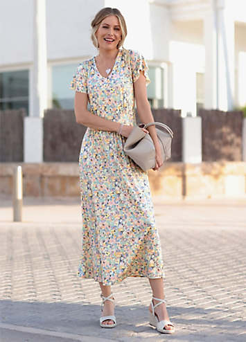 Floral short best sale sleeve midi dress