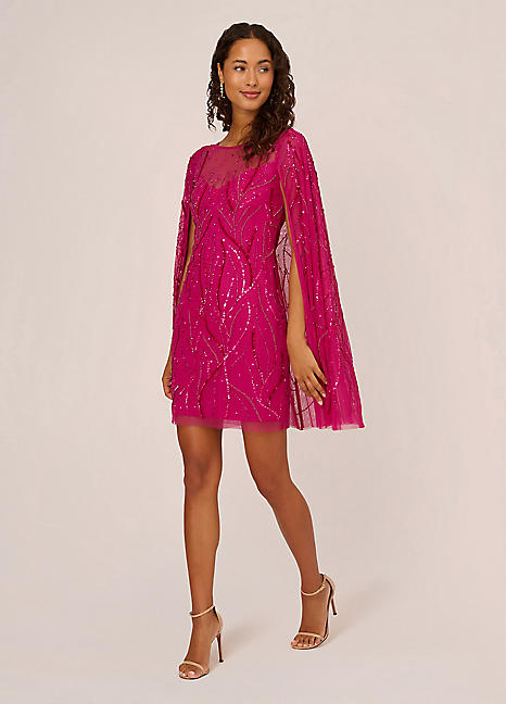 Adrianna Papell Beaded Short Cape Sleeve Dress