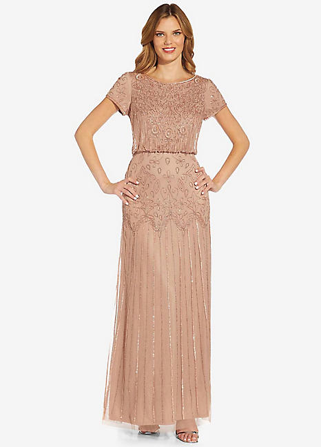 Adrianna Papell Short Sleeve Beaded Gown Grattan