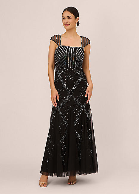 Adrianna Papell Studio Beaded Cap Sleeve Gown Grattan