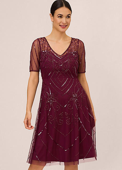 Adrianna Papell Studio Beaded V Neck Midi Dress Grattan