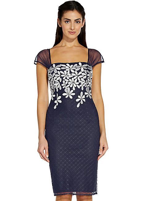 Adrianna Papell Floral Lattice Embroidered Short Sheath Dress