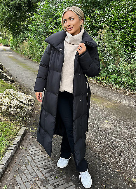 AX Paris Black Tie Waist Quilted Longline Puffer Coat Grattan