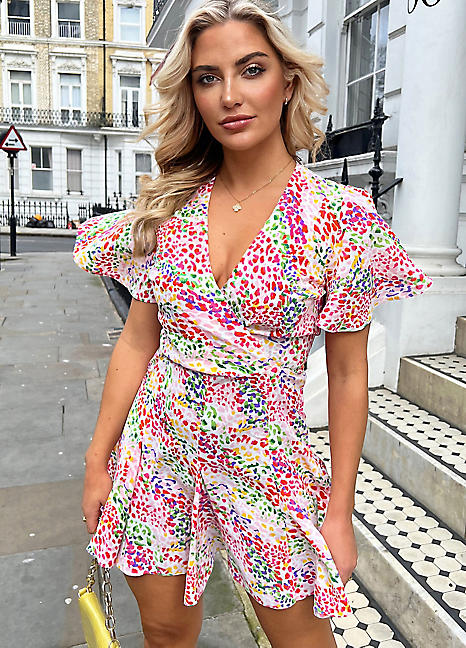 AX Paris Multi Colour Printed Wrap Top Skater Dress Grattan