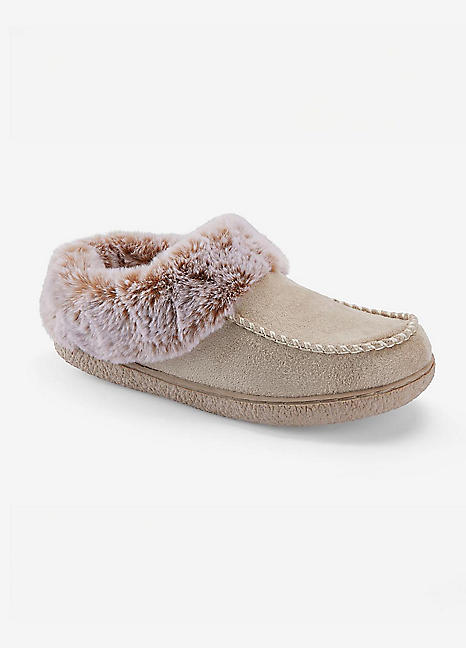 Cotton Traders Parchment Moccasin Faux Fur Collar Slippers Grattan