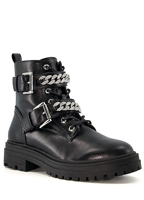 Head Over Heels By Dune Black Peep Embellished Chain Lace Up Low Boots Grattan