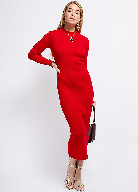 Little Mistress Red Rib Knit Midaxi Bodycon Dress by Vogue