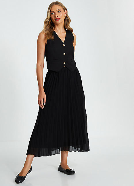 Quiz Black Chiffon Pleated Midi Skirt Grattan