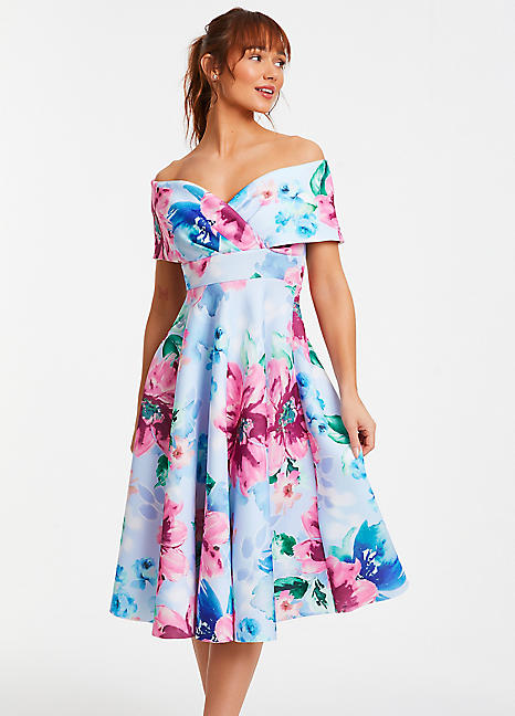 Quiz Blue and Pink Floral Scuba Bardot Midi Dress Grattan