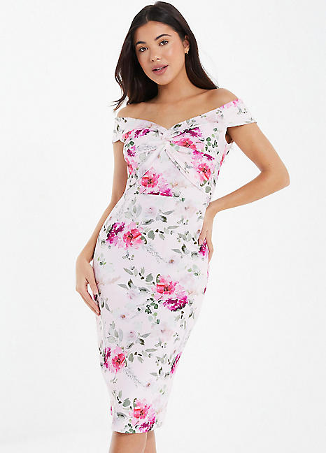 Quiz Blush Pink Floral Scuba Midi Bardot Dress Grattan