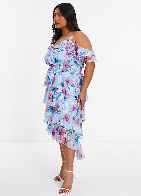 Navy and pink clearance floral dip hem dress