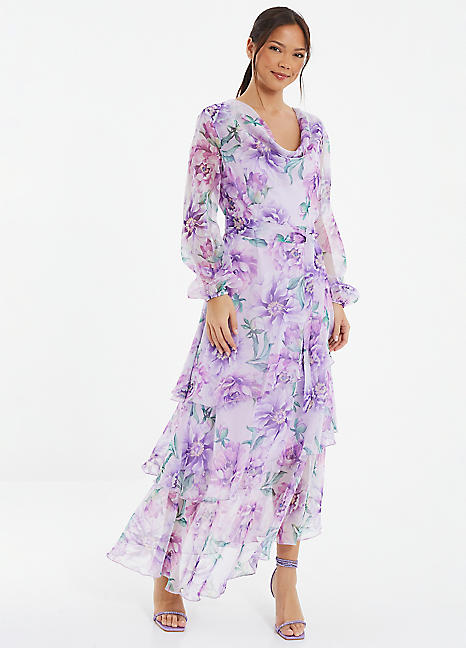 Quiz Lilac Chiffon Floral Cowl Neck Long Sleeve Maxi Dress Grattan