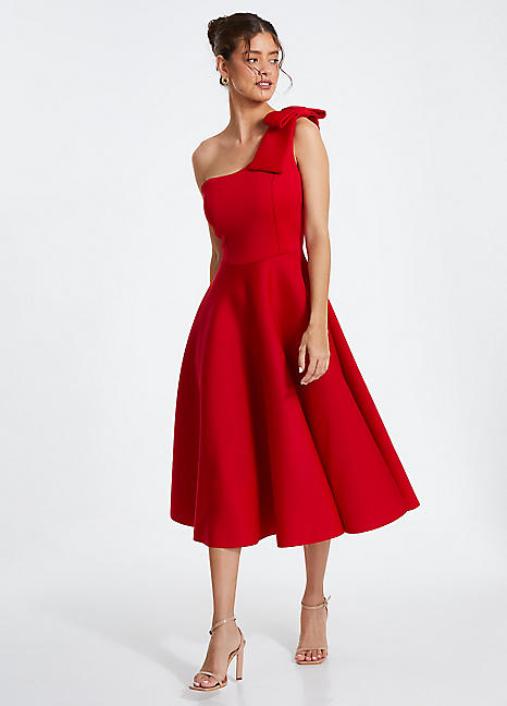 Quiz Red Scuba One Shoulder Bow Detail Skater Midi Dress Grattan