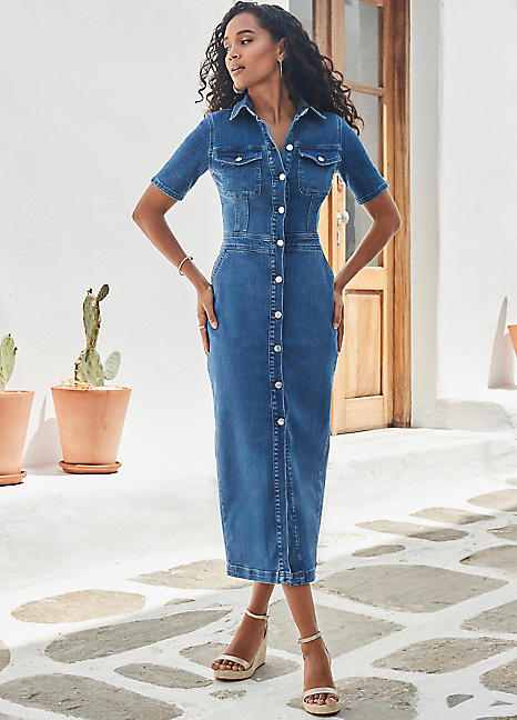 womens denim dress uk Sosandar Denim Midi Dress