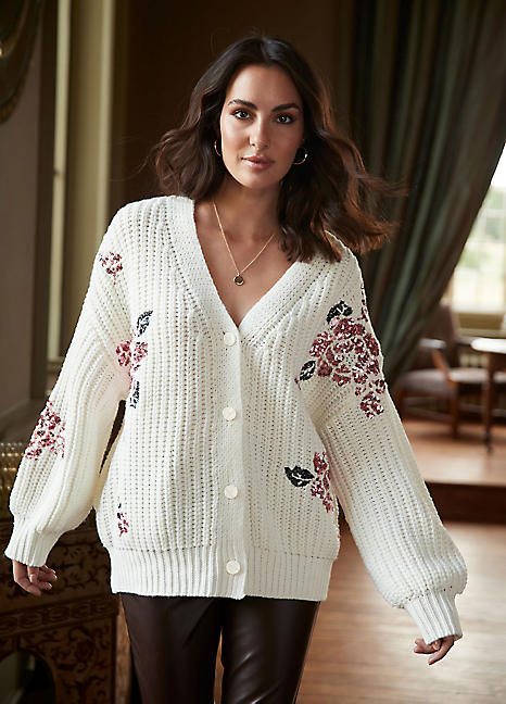 Together Ivory Floral Sequin Cardigan | Grattan